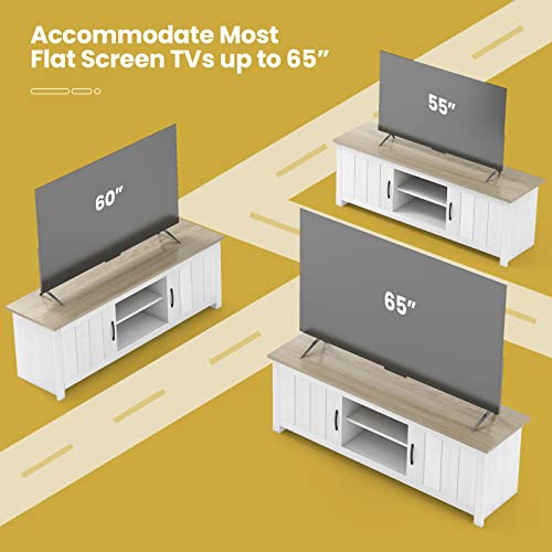 Tangkula 2 Doors Tv Stand For Tvs Up To 65”, 57” Tv Console Table With 2 Cabinets & Open Shelves, Media Entertainment Center With 2 Cable Management Holes, Wood Tv Cabinet For Living Room (White Oak) #TOP7