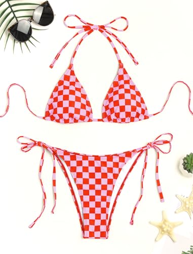 Image of ZAFUL Womens Printed Triangle Bikinis 2 Piece Halter Bikini Sets High Cut Bathing Suit Side Tie Swimsuits