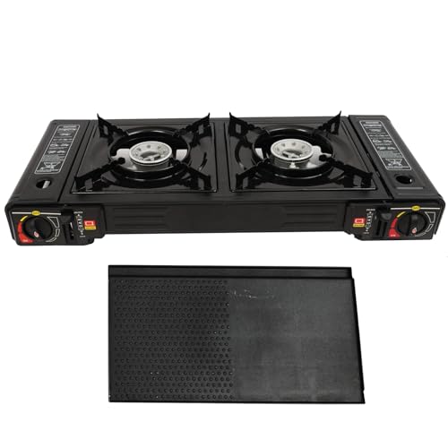 Hornillo de gas de 2 quemadores, 2500 W, portátil, para exteriores, 100 g/h, hornillo de gas doble butano o LPG, hornillo de camping, estufa de camping con plancha de 45 x 24 cm y maletín de
