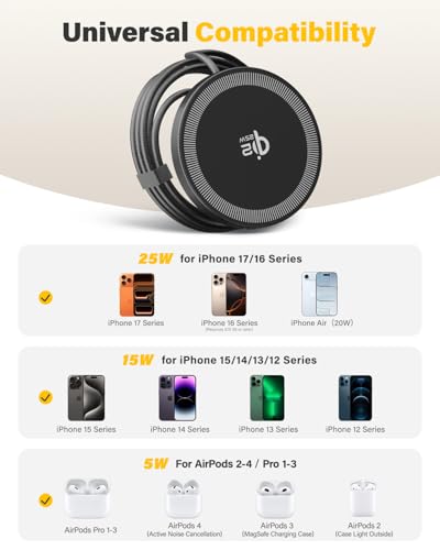 Image of 25W Wireless Charger for MagSafe, Qi2.2 Magnetic Fast Charging Pad for iPhone 17 /16 /15 /14 /13 /12 Series & AirPods, Strong Magnet, Portable Wireless Charger for Travel Home Office (Black, 2Pack(10FT))