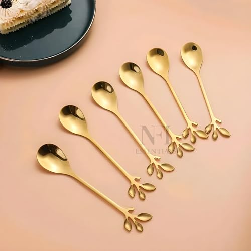 Image of NFI essentials 6 Pcs Leaf Design Coffee Tea Spoons Set, Stainless Steel 13cm Golden Retro Dessert Espresso Spoons Cutlery Kitchen Tableware, Perfect for Mixing & Stirring