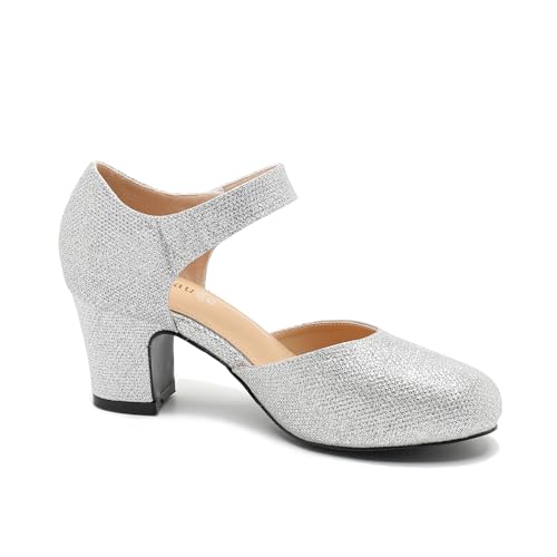 Enelauge Women's Ankle Strap Block Chunky Heels Closed Round Toe Pumps D'Orsay Comfortable Vintage Dressy Bridal Wedding Party Shoes3