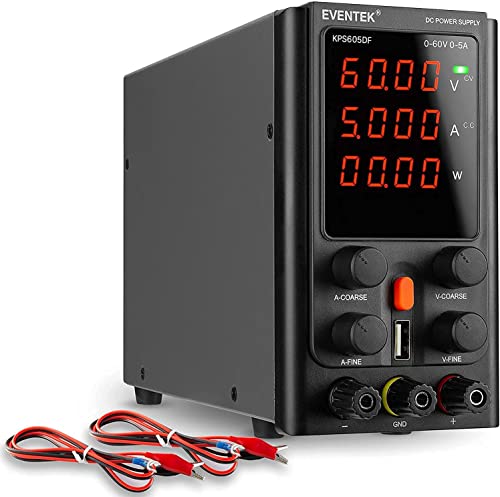 DC Power Supply Variable Eventek 60V 5A Adjustable Switching DC Regulated Bench Power Supply with 4-Digits LED Display, USB Interface, Alligator Cord/Test Lines