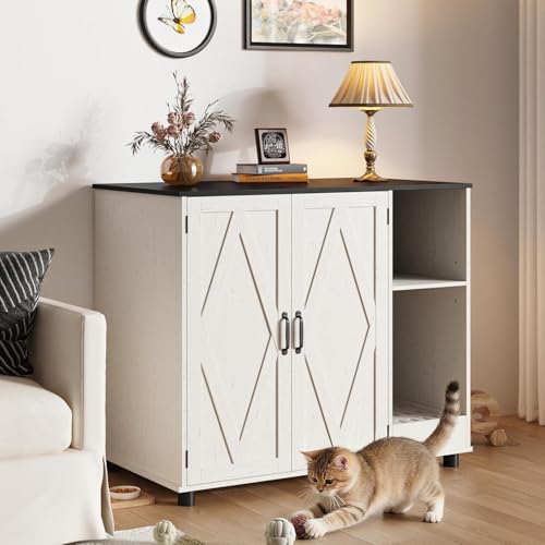 Large Litter Box Enclosure with Litter Collector & Dog-Proof Shelf, Hidden Litter Box Furniture for Self Cleaning Litter Box, Farmhouse Litter Box Cabinet, Indoor Cat House, Side Table, White