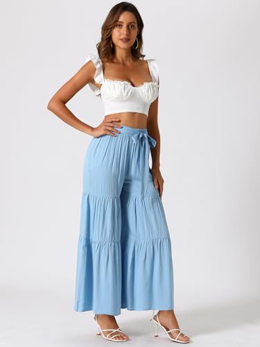 Image of Allegra K Women's 2026 Summer Wide Leg Palazzo Pants High Waisted Flowy Trendy Casual Lounge Boho Beach Ruffles Trousers