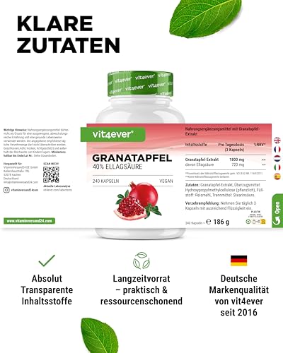vit4ever Granatapfel Extrakt - 240 vegane Kapseln - Natürlicher Premium Extrakt mit 40% Ellagsäure - Hochdosiert - Vegan
