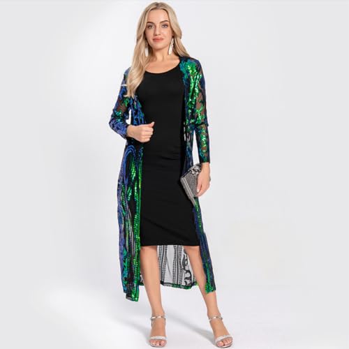 Image of Sparkly Cardigan for Women 1920s Sequin Cardigans Long Sequin Duster Blazer 20s Glitter Open Front Coat Cover Up Dress