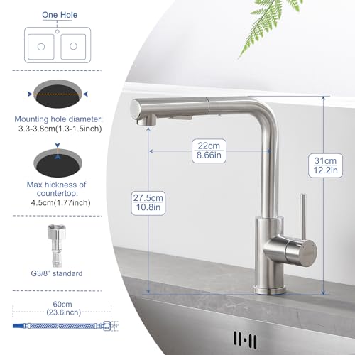 WOOHSE Wasserhahn Küche Ausziehbar, 360°Drehbare Küchenarmatur mit Brause Ausziehbar, Hochdruck Spültischarmatur mit 2 Strahlarten, Armatur aus Edelstahl, Gebürstet, Mischbatterie Küche
