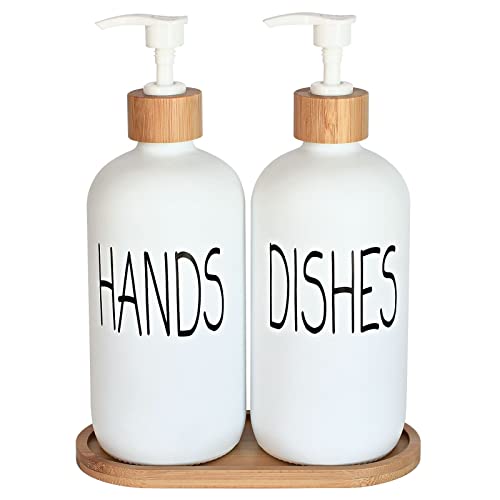 Image of Glass Soap Dispenser Set. Hand Soap and Dish Soap Dispenser with Bamboo Tray. Vintage Soap Dispenser with Pump for Kitchen Sink and Bathroom. Stylish Permanent Labels (Matte White)