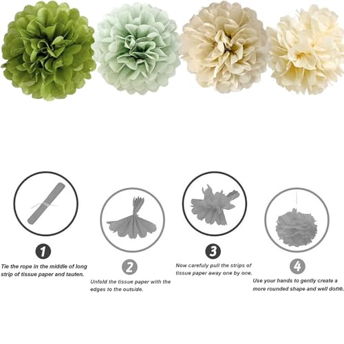 Image of We Moment Olive Sage Green Cream Ivory Tan Tissue Paper Pom Poms Party Decorations for Neutral Baby Shower Boho Wedding Birthday Wild Safari Greenery Party Decor 12pcs 4 Colors