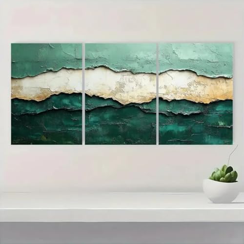 IXEHOH Cuadro de Paisaje Abstracto Verde Esmeralda en Lienzo Decoración de Pared Texturizada de 3 Paneles para Sala de Estar Tonos Tierra Modernos Arte de Pared Horizontal Grande Estético 60x90cmx3