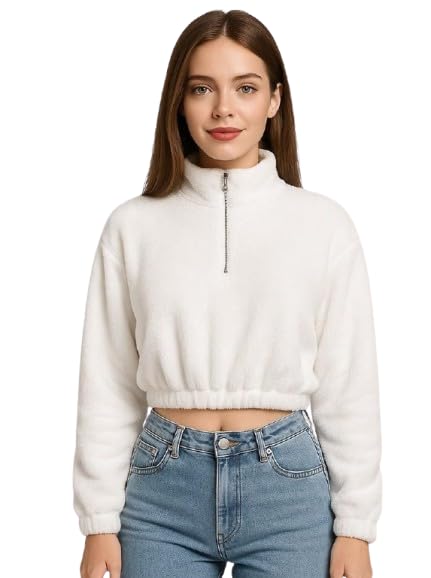 Plush Fleece Half-Zip Crop Sweatshirt for Women | White Long Sleeve Pullover with Mock Neck | Cozy Winter Casual Wear-picture-17
