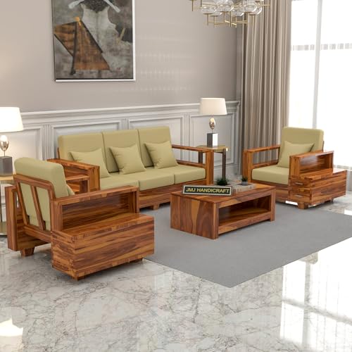 Image of Solid Sheesham Wood 5 Seater Sofa Set | Five Person Sofa with Drawer Storage | 3+1+1 Wooden 5 Seater Sofa Set for Living Room Home Decor (Design 26)
