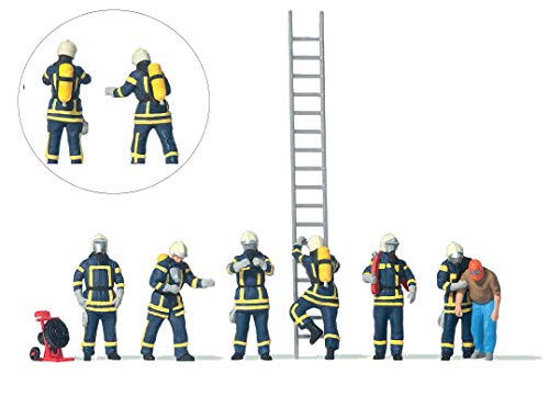 Preiser 10765 HO Scale Modern Firefighters with Breathing Apparatus - 6 Figures in Blue Uniforms, 1 Rescued Man, Accessories