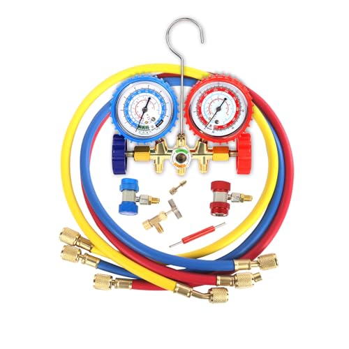 PB Motor Tech 3 Way AC Manifold Gauge Set for R134A, R12, R22 & R502 Refrigerants with Quick Couplers, 410 Adapter, Puncturing Can Tap & Valve Core Tool, for Automotive & Household AC Maintenance