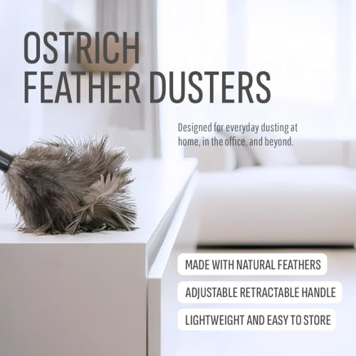 Image of Retractable Feather Duster 8-14 in Adjustable - Natural Ostrich Feather Duster for Cleaning Ceiling Fans, Blinds, Plantation Shutters, Walls & Furniture - Quality Checked in USA - 1 Pack