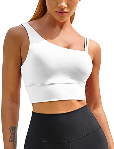 Image of MELYUM Longline Sports Bras for Women One Shoulder Workout Tank Tops with Built in Bra Supportive Crop Yoga Top Padded