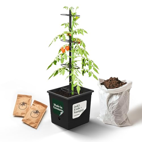 VERDOBA Tomatentopf Anzuchtset - Tomaten Topf inkl. 20L torffreier Kokoserde & Bio Buschtomaten Samen - Tomaten Kübel mit 3,5L Wasserspeicher aus recycelten Material - in Deutschland produziert