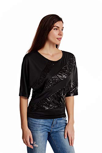 Wellotus Women's Sparkly Sequin Blouse Scoopneck Batwing Sleeve Glittery Tank Tops Costume T-Shirts (Xxxl, Black Color) #TOP1