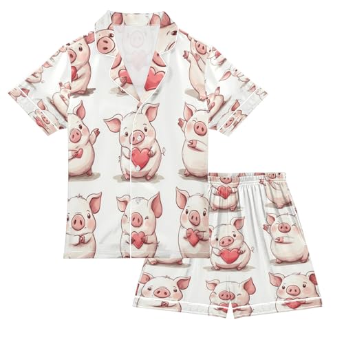 Satin Pajama Sets Short Sleeve Cute Piggy Love Pattern Button Down Silky Nightwear 2 Piece PJS 5-14Y