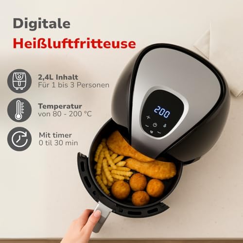 alpina Heißluftfritteuse 2.4L - Airfryer 1500W - Heissluftfritteuse für Braten, Frittieren und Grillen - 80% weniger Fett - Geeignet für 2… – Ansicht 3