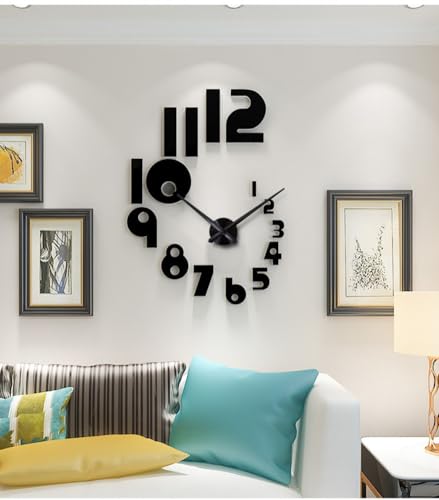 DIY 3D Wall Clock Large Frameless Watch Mirror Surface Wall Art Clock for Living Room Bedroom Office Hotel Wall Decoration (DIYL189-Black)
