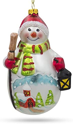 Snowman Holding Broom and Lantern Glass Christmas Ornament - Image 5