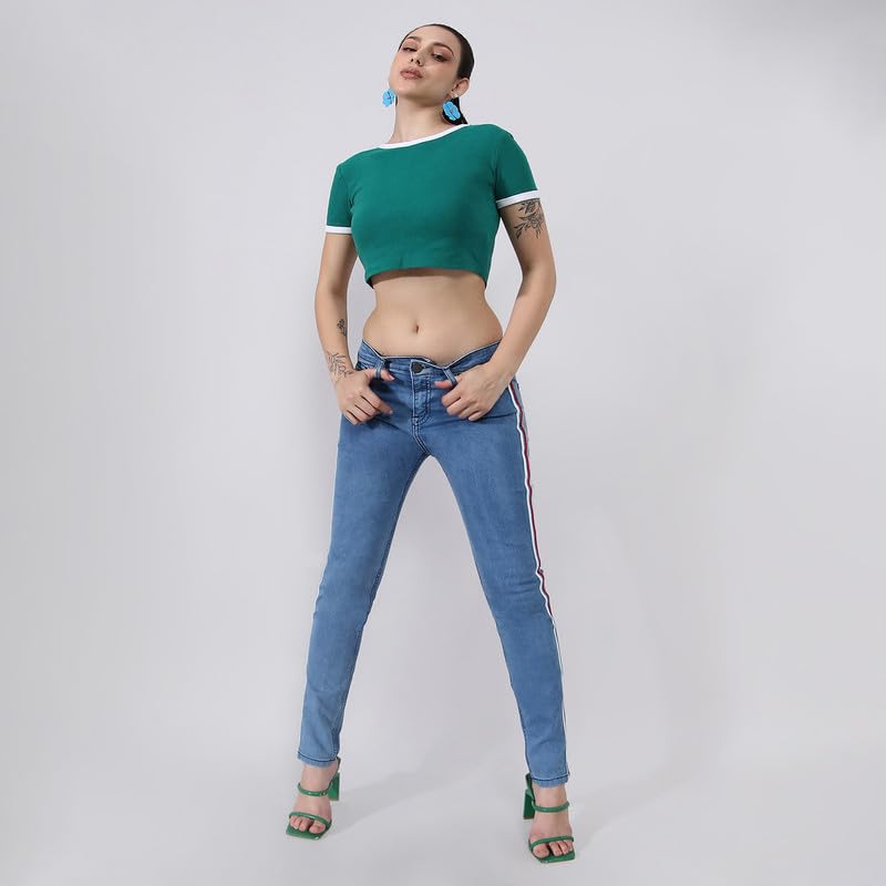 Image of PINACOLADA Women's Side-Striped Denim Jeans for Casual Wear | Light-Wash | Regular Fit | Button Closure | Cotton Denim Jeans Crafted with Comfort Fit for Everyday Wear