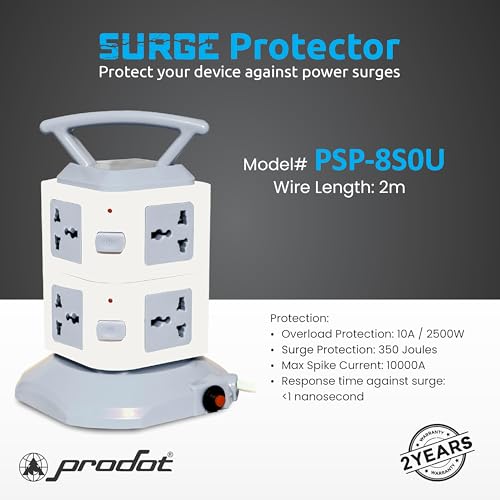 Image of ProDot Power Spike Guard, Strip Surge Protector with Master Switch and 8 Outlets, Heavy Duty Extension Cord for Home, Office, Travel & Phone Charging Bricks (2 Meter)