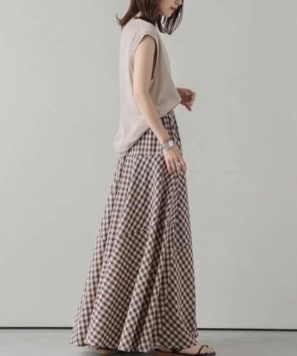 Womens Plaid Maxi Skirt High Waist A-Line Elastic Waist Skirt Summer Casual Pleated Swing Flowy Long Skirts3