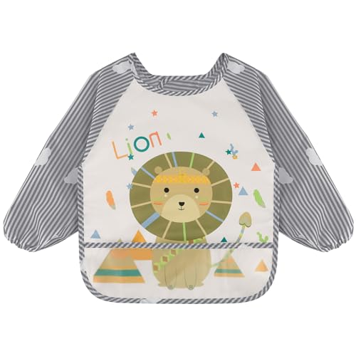 Vancle Babero con Mangas Largas, Babero con Mangas Impermeable, para Bebes Unisex 6-36 Meses, Lavable a Máquina (León)