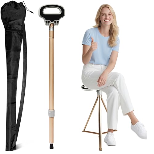 ALEVMOOM Walking Cane with Seat Folding Lightweight, 2-in-1 Cane Stool for Adults, Aluminum Walking Stick with Seat, Stick Chair Portable Stool for Senior-Gold 34 in/1.8 LBS