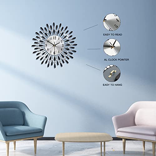 YIJIDECOR Wall Clocks for Living Room Decor Large Wall Clocks Battery Operated Silent Non-Ticking for Bedroom Kitchen Office Home Decorative 14 Inches Small Round Metal Black Crystal Wall Watch Clock