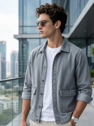 Image of Urbano Fashion Men's Relaxed Fit Full Sleeve Utility Denim Jacket