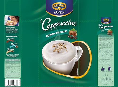 KRÜGER Family Cappuccino Schoko-Goldnuss, aromatisiertes Getränkepulver mit löslichem Bohnenkaffee, koffeinhaltig, 500 g Beutel
