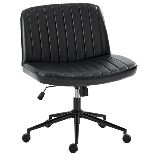 OLIXIS Criss Cross Chair with Wheels Wide Cross Legged Office Desk Vanity Chair Comfy Fabric Armless Adjustable Swivel for Home Computer Task PU Black