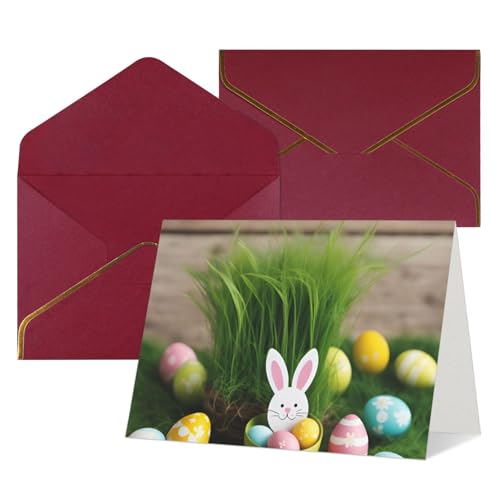 SDFHU Carte de vœux vierge avec enveloppes en forme d'œuf de Pâques et lapin, herbe en bois, différentes occasions, 11,4 x 15,2 cm