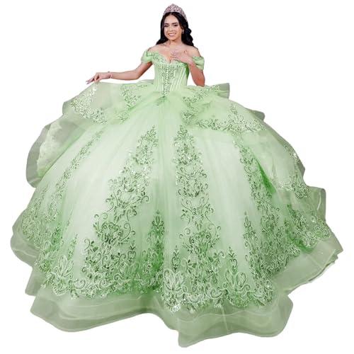 Mauuwy Off Shoulder Sage Green Quinceanera Dresses with Bow 24Plus Size