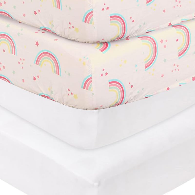 DTEX HOMES 4 x Cot Bed Fitted Sheets 100% Cotton 200 Thread Count Luxury Cot Sheets, Cot Bed 60 x 120 CM -white- Rainbow