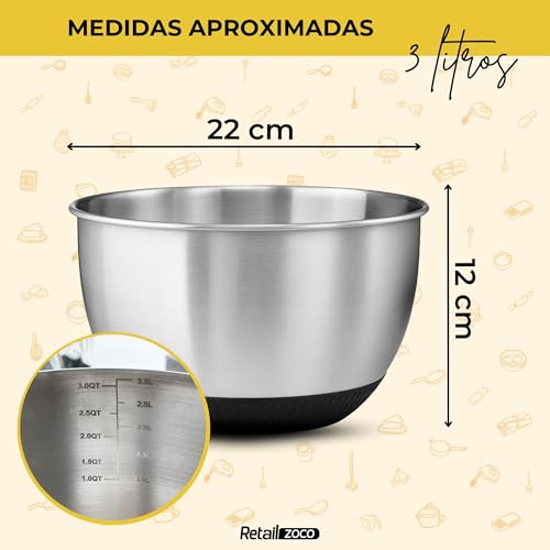 Miniatura 4 de Chefzoco Cuenco Para Mezclar Con Escala Medidora Base Antideslizante, Bol De Acero Inoxidable, Tazón Para Mezclar, Ensaladera De Acero, Aptos Para Lavavajillas, Diámentro 22 Cm, Capacidad 3000 Ml