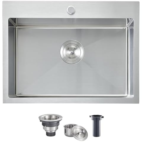 VCCUCINE 22x18 Inch Drop in Kitchen Sink,16 Gauge Topmount RV Small Kitchen Bar Sink, Handmade Stainless Steel Wet Bar Sink, Outdoor Single Bowl, Brushed Nickel Prep Sink with Strainer Cover