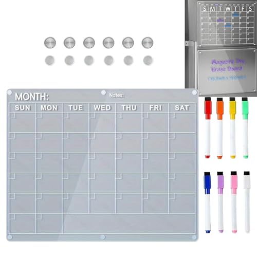 Magnetic Calendar for Refrigerator, Calendar Board for Refrigerator | Reusable Magnetic Wall Calendar - Acrylic Calendar Planner Board, 8 Erasable Markers