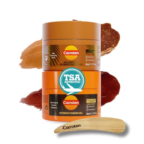 Image of Carroten Mini Intensive + Gold Shimmer Tanning Gels | Travel Size Tan Accelerator & Body Bronzer | Non-Greasy, Water-Resistant | Carrot & Coconut Oil | Vitamin A&E For Hydration |1.7 Oz 2 Pack+Spatula