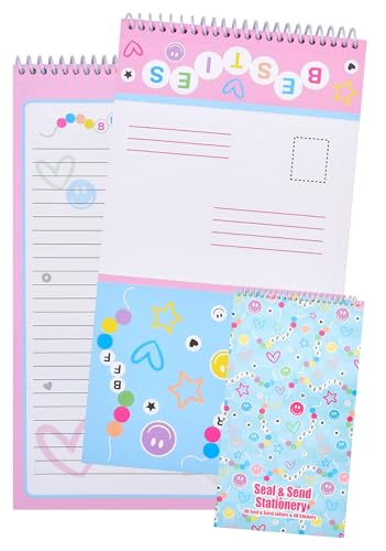 Image of iscream Fold and Send Girls Stationery Note Card Pad with Seals - Besties | 40 Pack, Cute Design, Spiral Bound, Large 10.5 inch x 5.75 inch Cards, Coordinating Sticker Sheets, Fold and Send, Summer Camp Ready