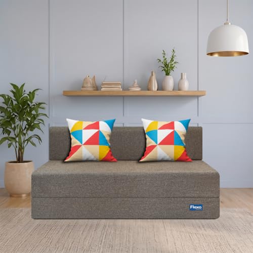 Image of Starlon 2 Seater Sofa Cum Bed Foldable 3-in-1 Sofa Bed with 1 Year Warranty, Washable Jute Fabric Cover & 2 Geometrical Pillows | Guest Bed | Coffee Brown 5x6 Ft