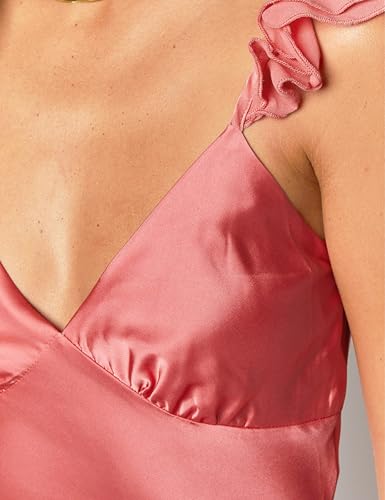 Image of KOUNAI Women's Satin Summer Lace Slit Formal Midi Dress for Wedding Guest | Silk,Elegant,Ruffle Sleeve,Cocktail,Bridesmaid, Beach, Vacation,Party,Adjustable Straps,Graduation,Baby Showe,Engagement