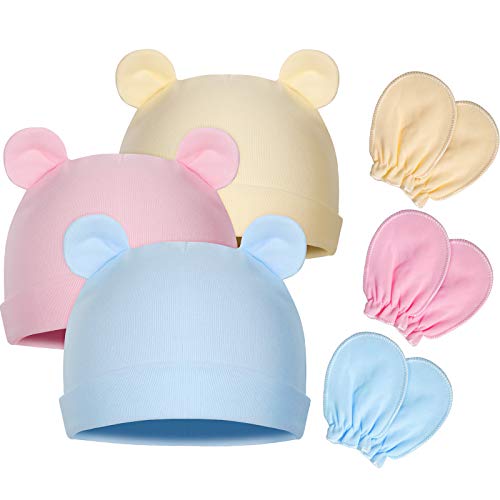 3 Sets Newborn Baby Hat and Scratch Mittens Set, Bear Ears Infant Toddler Beanie Hat and No Scratch Gloves