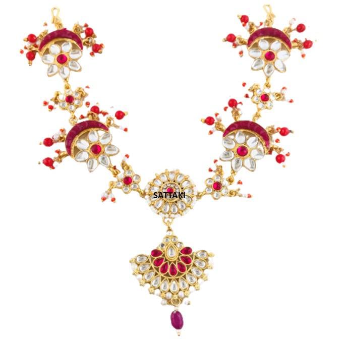 Sattyaki Gold-Plated Traditional Dulhan Bridal Large Pendant Sheeshphool Rajasthani Matha patti Designer Borla and Tikka in Kundan in Red For Women and Girls (B09C4JB27B) Amazon Price History, Amazon Price Tracker