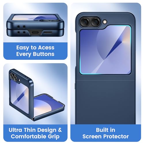 Image of Ruky for Galaxy Z Flip 6 Case, with Built-in Screen Protector, Dark Blue | Hard PC Ultra Slim Anti-Scratches Wireless Charging, HD Clearly Shockproof Phone Case for Samsung Galaxy Z Flip 6, Dark Blue