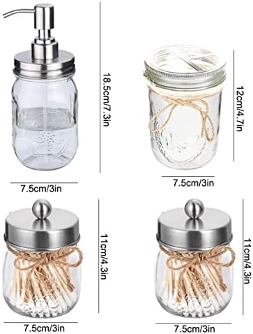 Eidoct Mason Jar Bathroom Accessories Set(4 Pcs)-Foaming Soap Dispenser &2 Cotton Swab Holder Set &Toothbrush Holder(Brushed Nickel / Silver)
